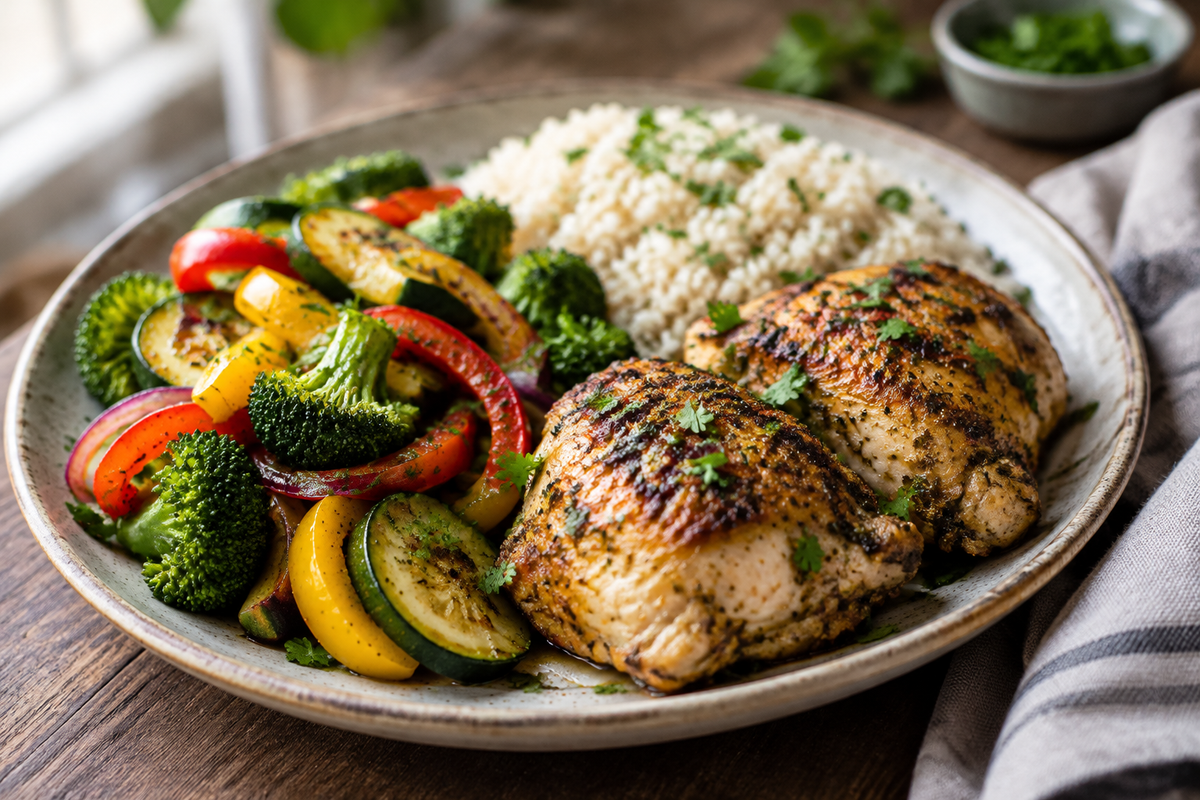 New cheap recipes dish with seasoned chicken, rice, and sautéed vegetables in New York NY style