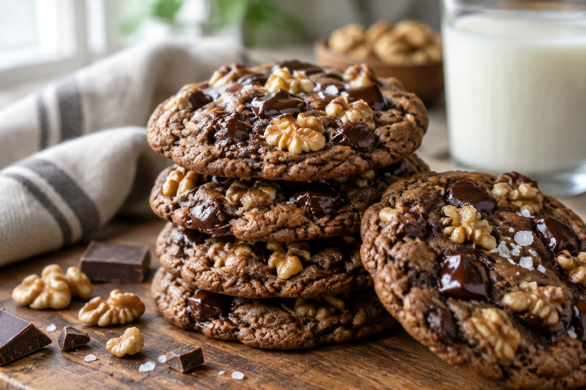 Chewy chocolate walnut cookies stacked, showcasing rich chocolate and walnuts, your new cookie obsession