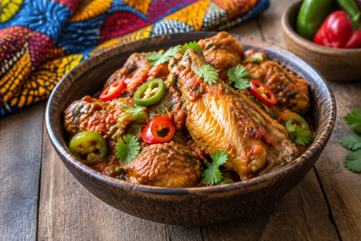 Nigerian chicken stew served in a rustic bowl garnished with cilantro and peppers, showcasing rich vibrant colors
