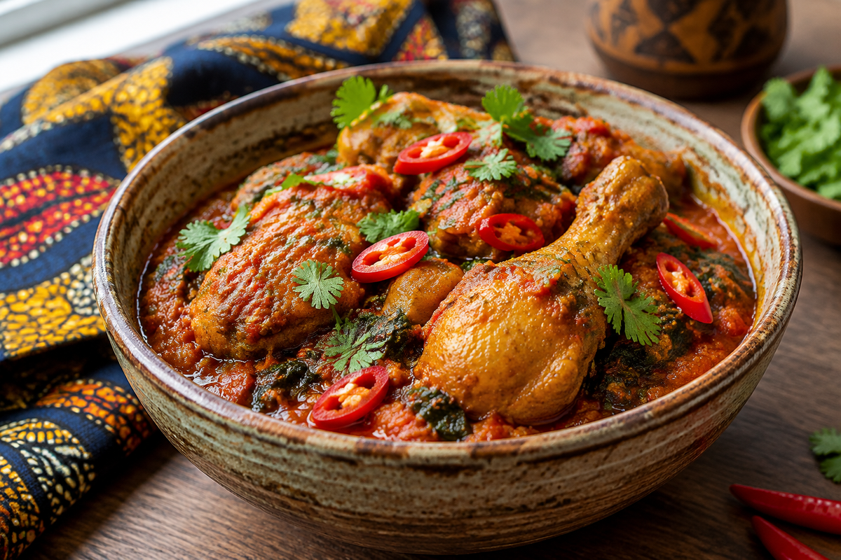 Nigerian chicken stew rich spicy flavor in ceramic bowl garnished with cilantro and chili