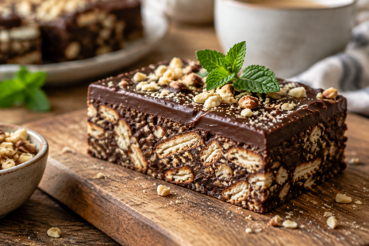 No-bake bourbon biscuit slice with chocolate topping and nut garnish on wooden board