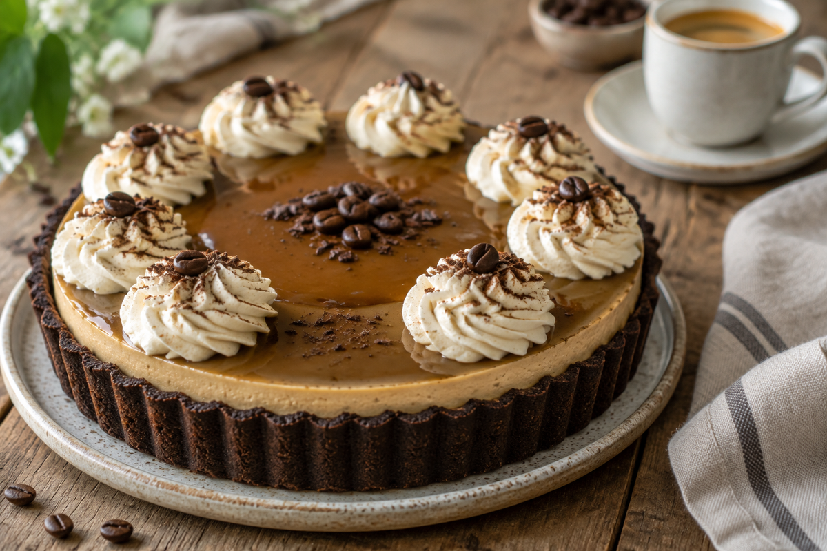 No-bake moka tart with coffee glaze and whipped cream, perfect no-bake moka tart dessert