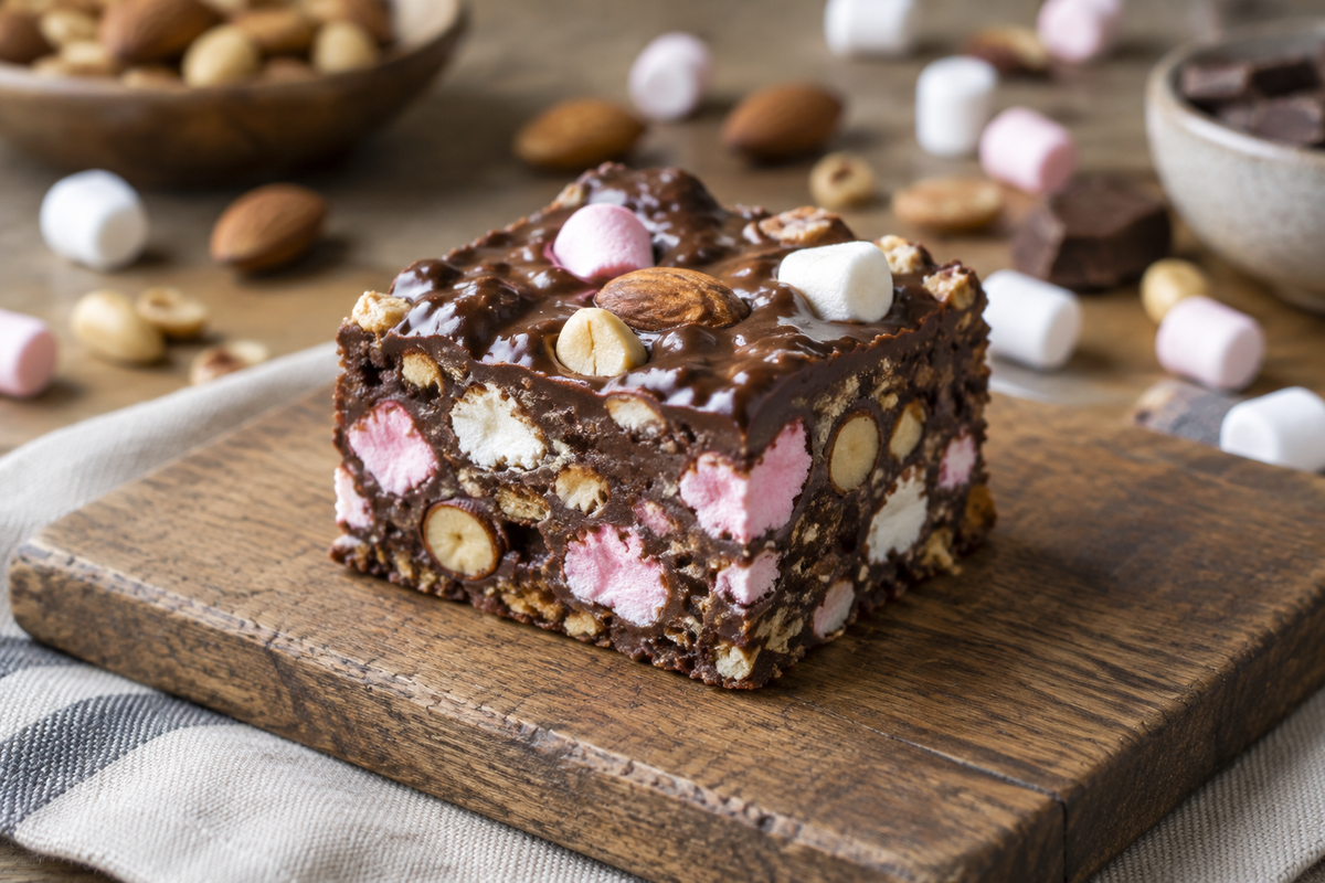 No-bake rocky road slice with chocolate, marshmallows, and nuts on rustic board