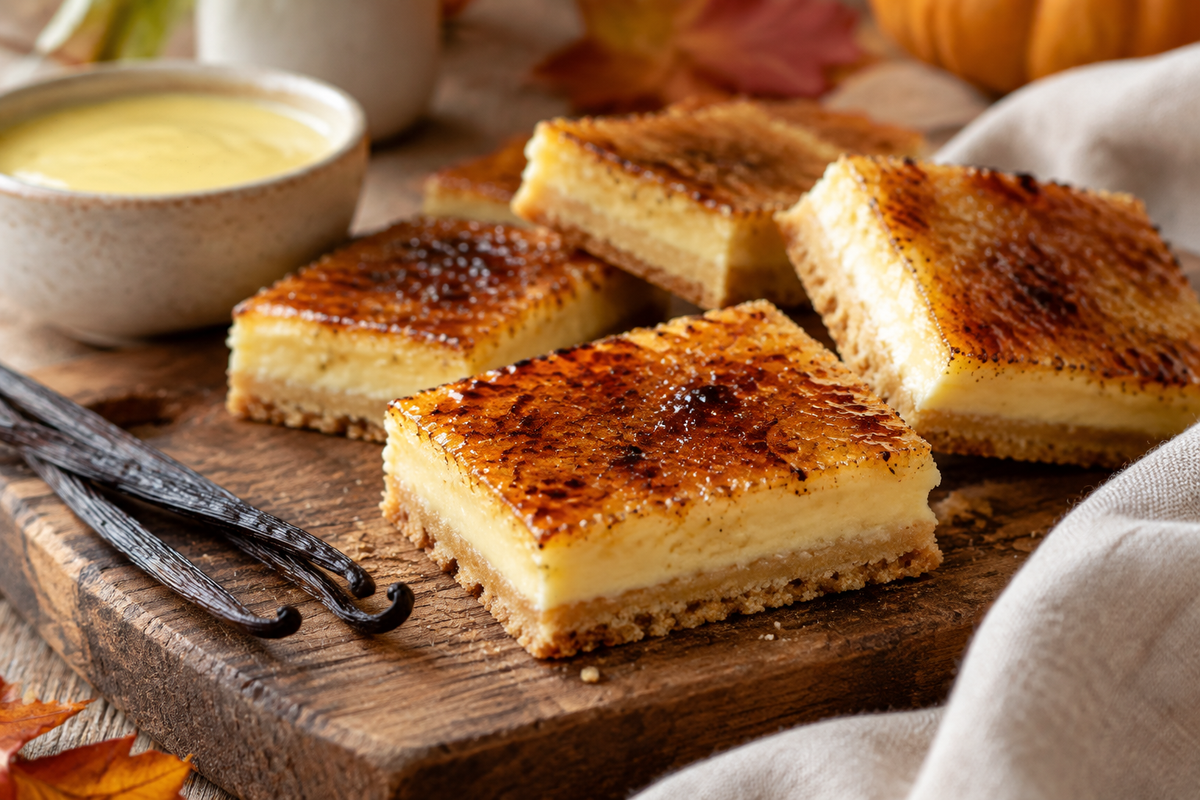 No-fuss crème brûlée cookie bars with caramelized sugar topping on rustic board, easy dessert