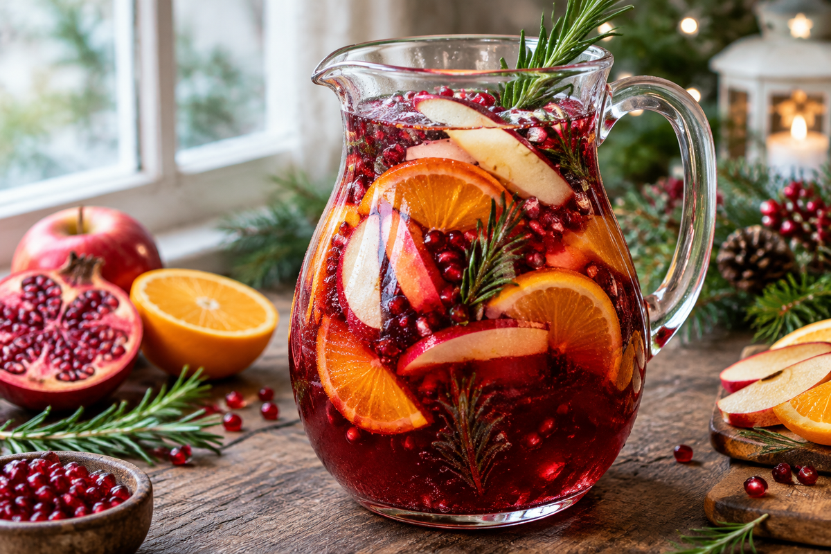 Glass pitcher of non-alcoholic Christmas sangria with citrus and pomegranate garnishes in festive setting