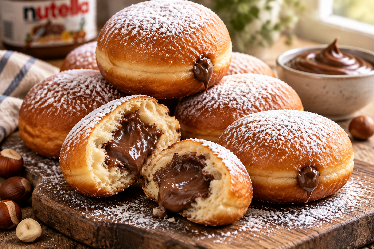 Freshly baked Nutella bomb donuts with creamy Nutella filling and powdered sugar topping
