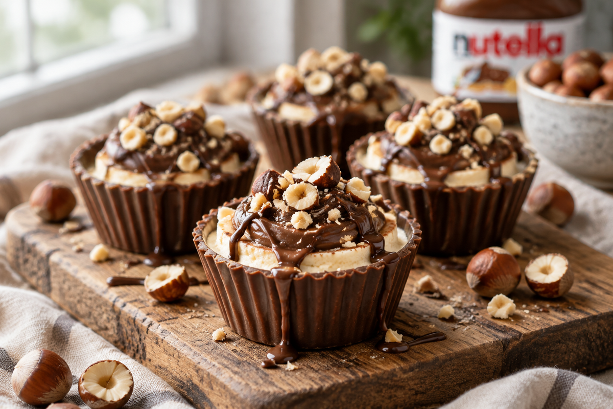 Nutella cheesecake chocolate cups garnished with hazelnuts and chocolate drizzle, a decadent dessert