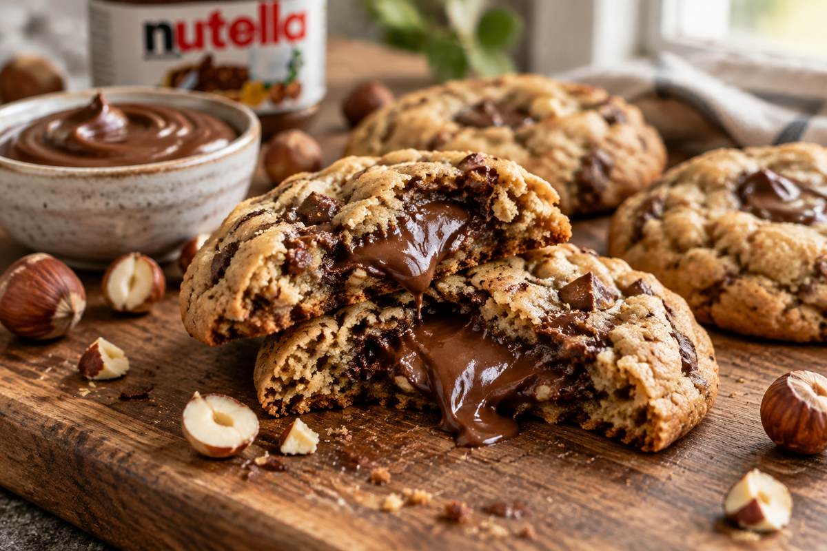 Nutella stuffed cookies with gooey chocolate hazelnut center on rustic wooden board