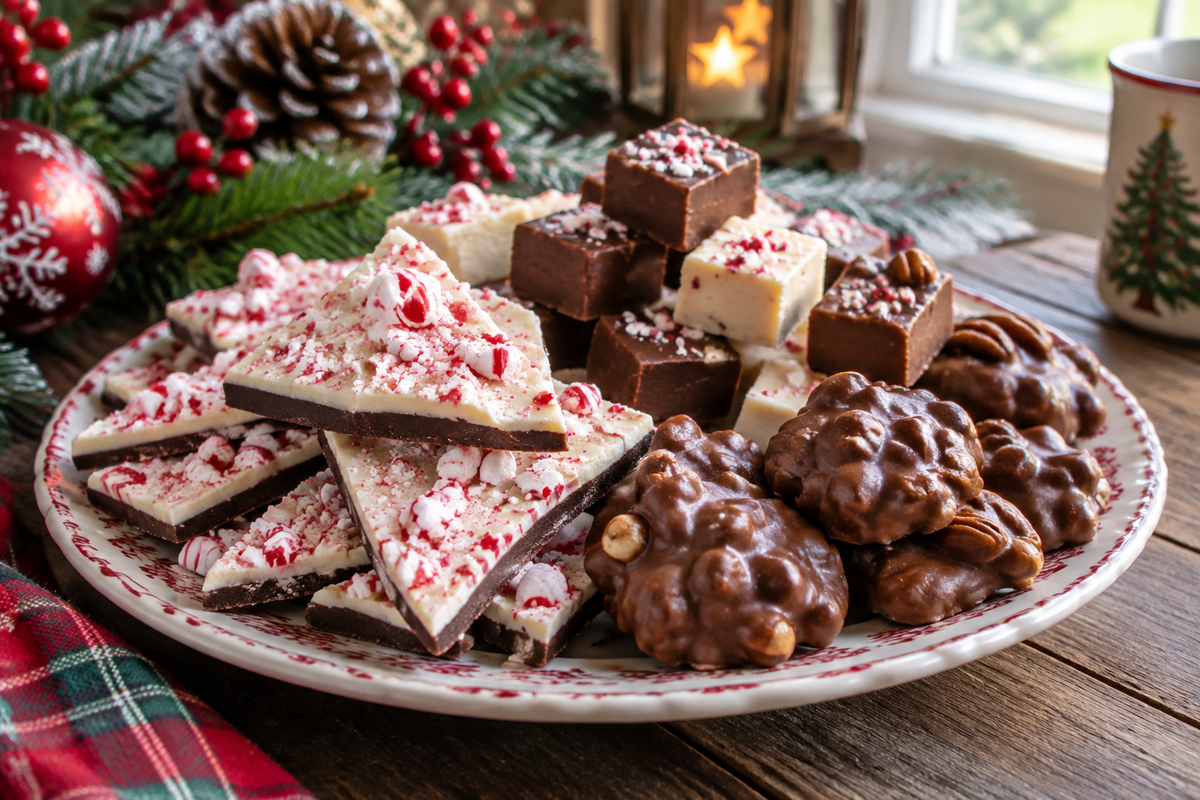 Plate of old-fashioned Christmas candy recipes including fudge, peppermint bark, and nut clusters on rustic table