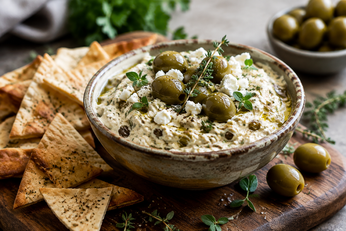 Creamy feta and green olive spread, the perfect olive lovers dip, served in a rustic bowl with herbs