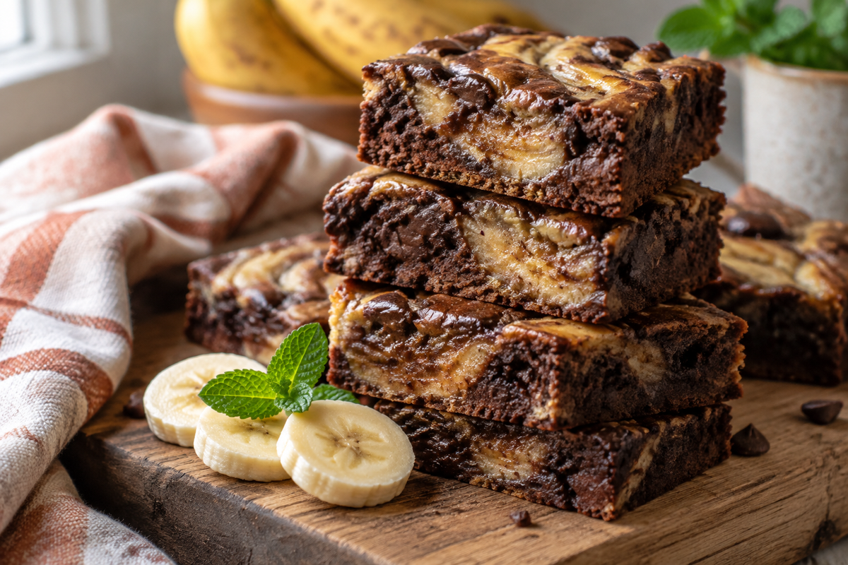 Moist banana bread brownies stacked with banana slices and mint garnish in natural light