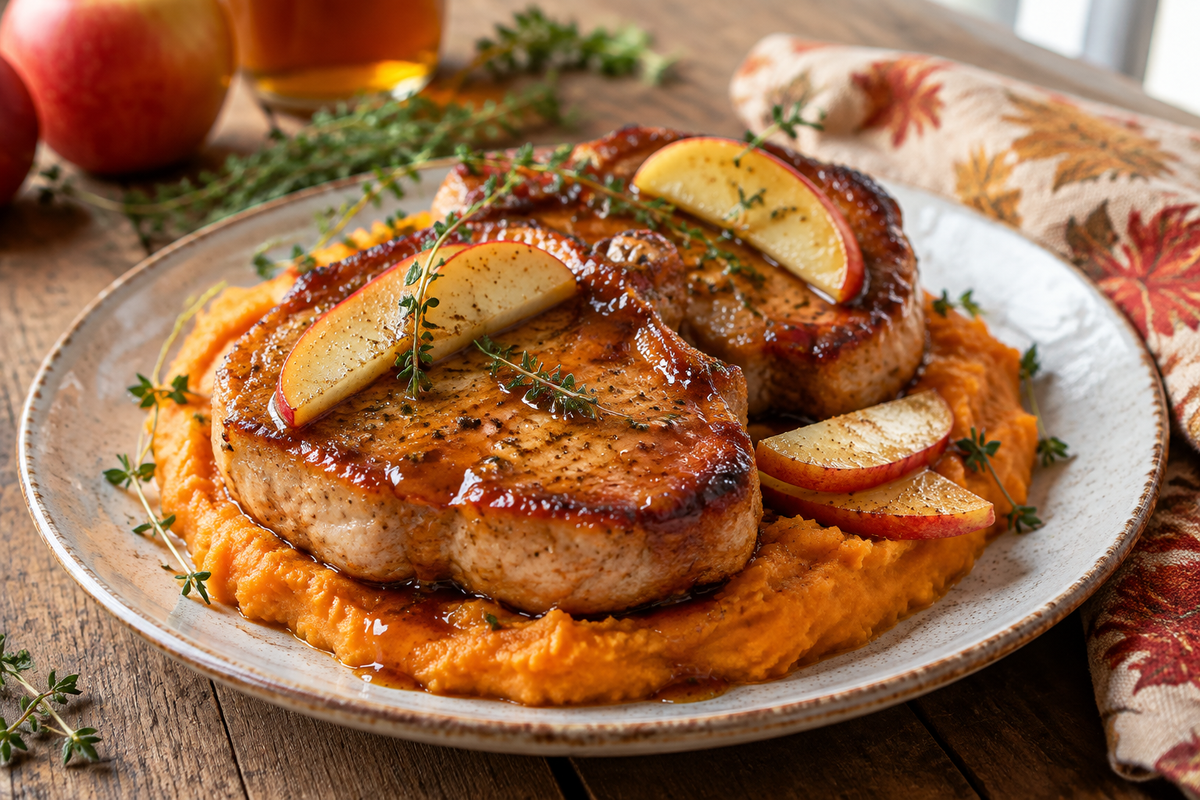 Plate of apple cider pork with creamy mashed sweet potatoes and thyme garnish, apple cider pork dish