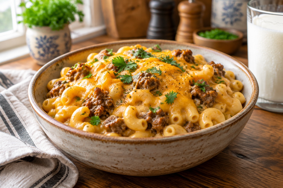 Creamy one-pan cheeseburger macaroni in a bowl garnished with parsley, showcasing the cheeseburger macaroni dish