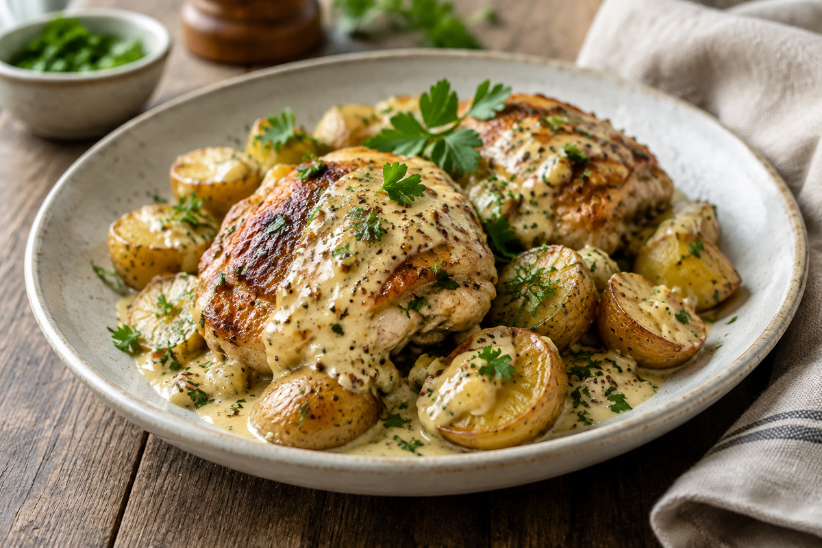 One-pan chicken and potatoes with creamy Dijon sauce garnished with parsley, focus on chicken and potatoes