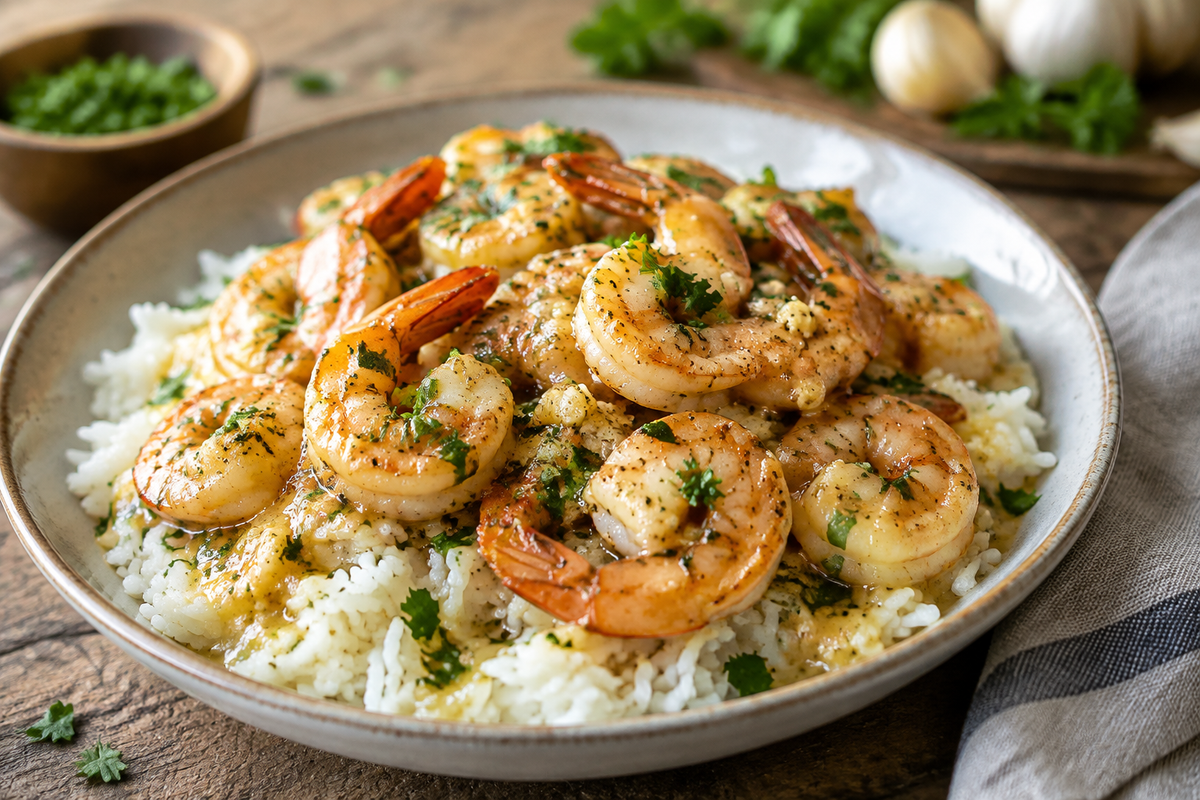 Creamy garlic butter shrimp and rice plated with fresh parsley garnish, creamy garlic butter shrimp main dish