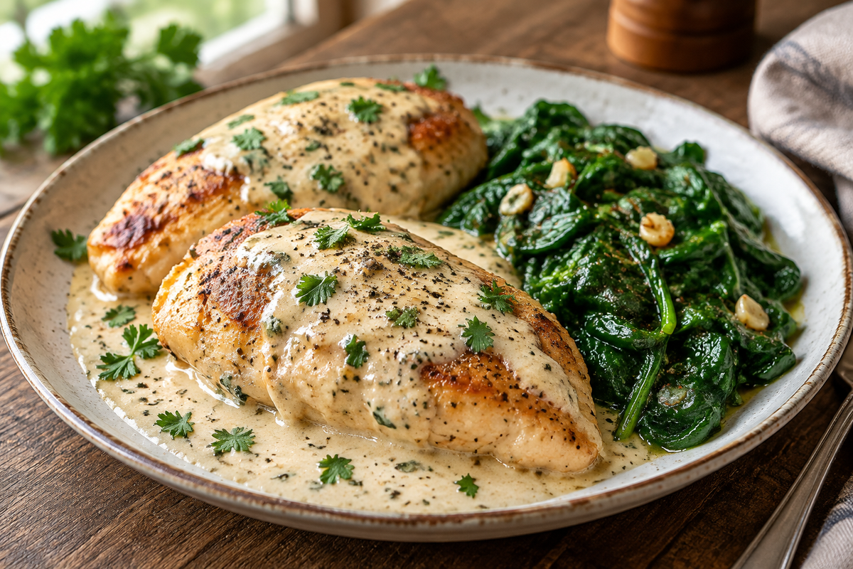 One-pan creamy ranch chicken with garlic spinach cooked in a skillet, creamy ranch chicken dish