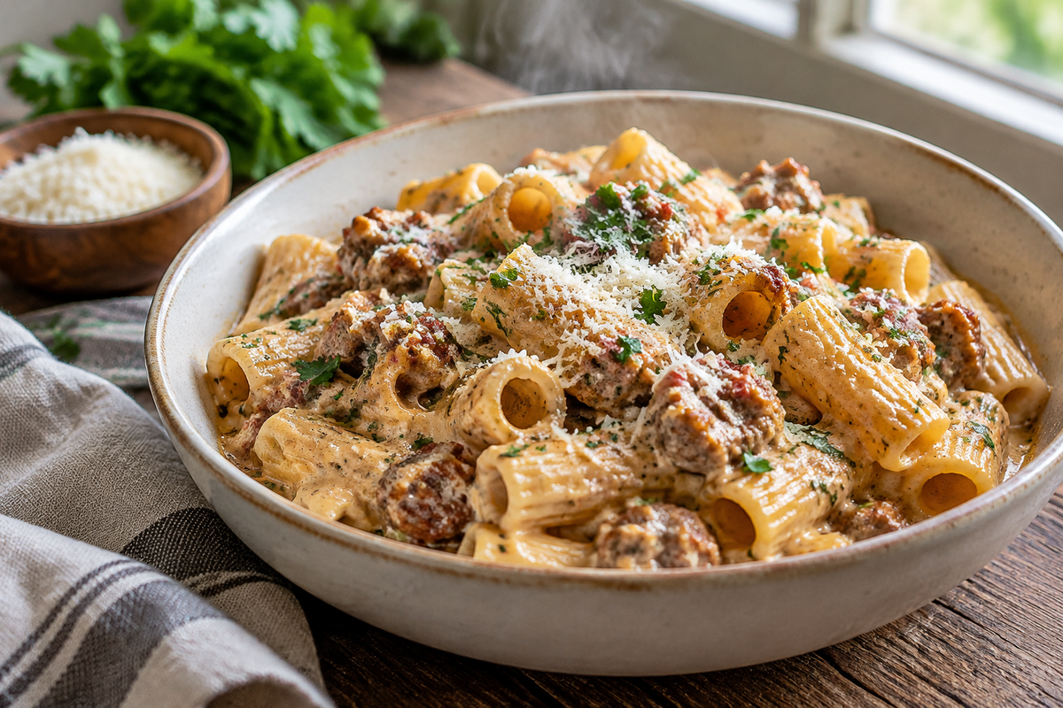 One-pan creamy sausage rigatoni served in a bowl garnished with parsley and Parmesan cheese