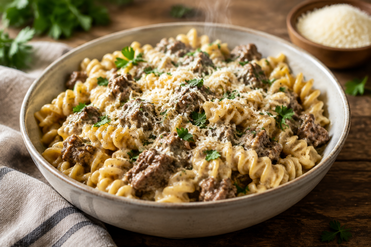 Creamy garlic Parmesan beef rotini recipe served in a bowl garnished with parsley