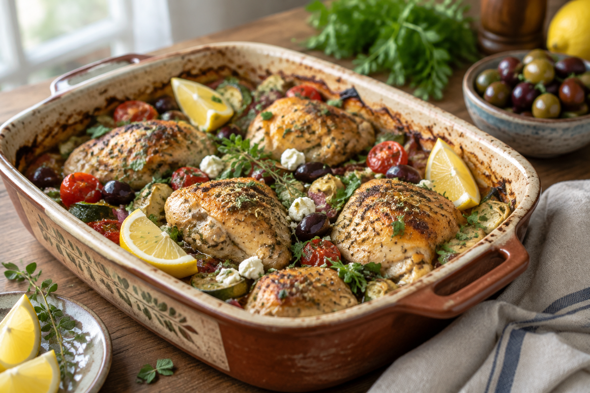 Greek chicken casserole served in rustic dish garnished with fresh herbs and lemon wedges, showcasing greek chicken casserole