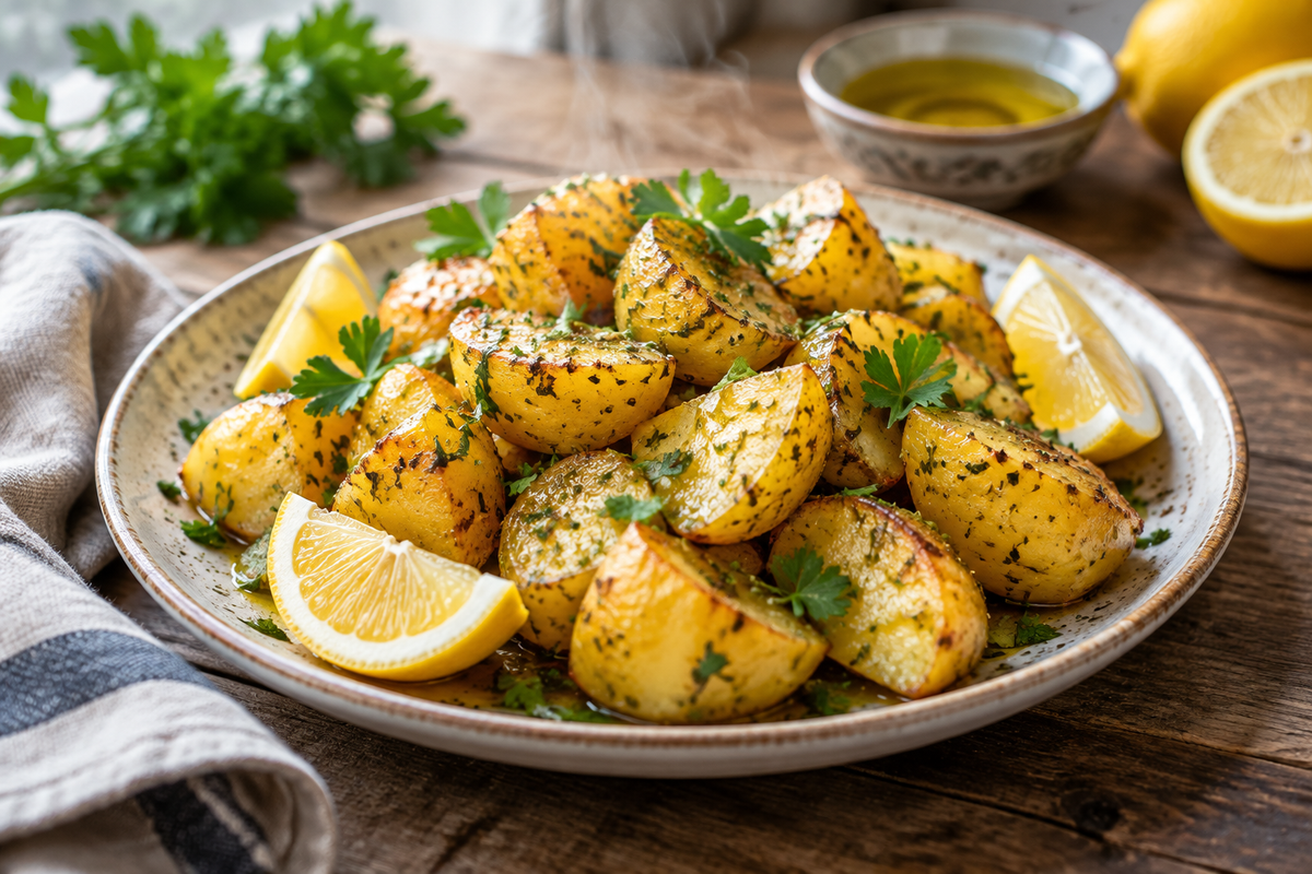 Golden Greek lemon potatoes garnished with parsley and lemon wedges, showcasing easy Greek lemon potatoes