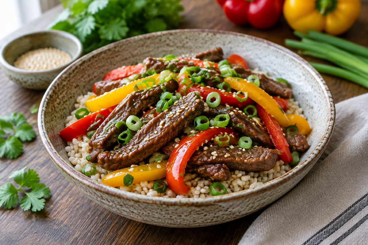 Healthy beef rice bowl with peppers in a rustic bowl garnished with green onions and sesame seeds