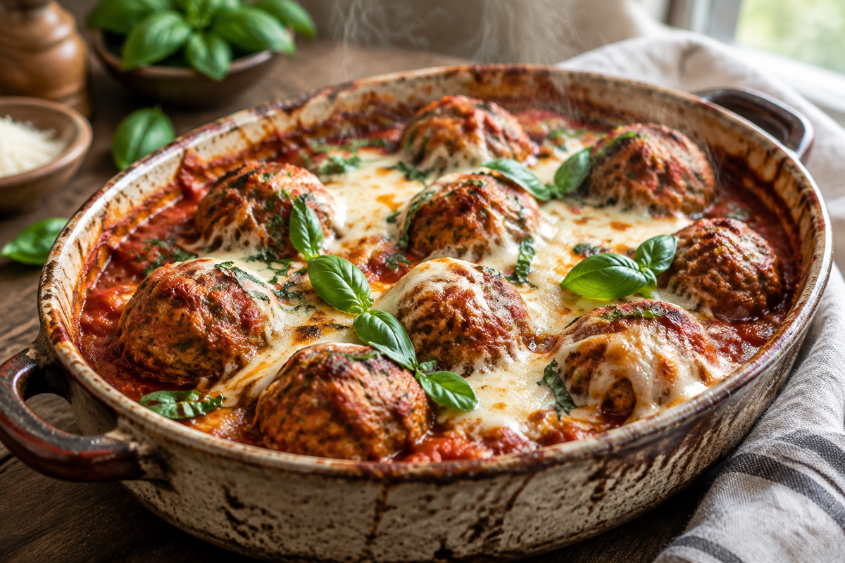 One-pan Italian meatball casserole with melted cheese and fresh basil garnish