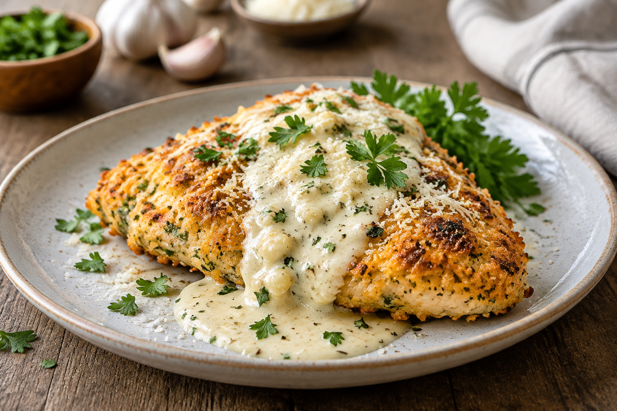 Parmesan chicken with crispy crust and garlic cream sauce garnished with parsley