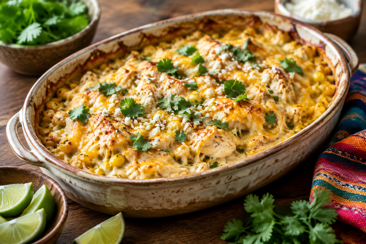 One-pan street corn chicken casserole in a ceramic dish with fresh cilantro garnish and melted cheese