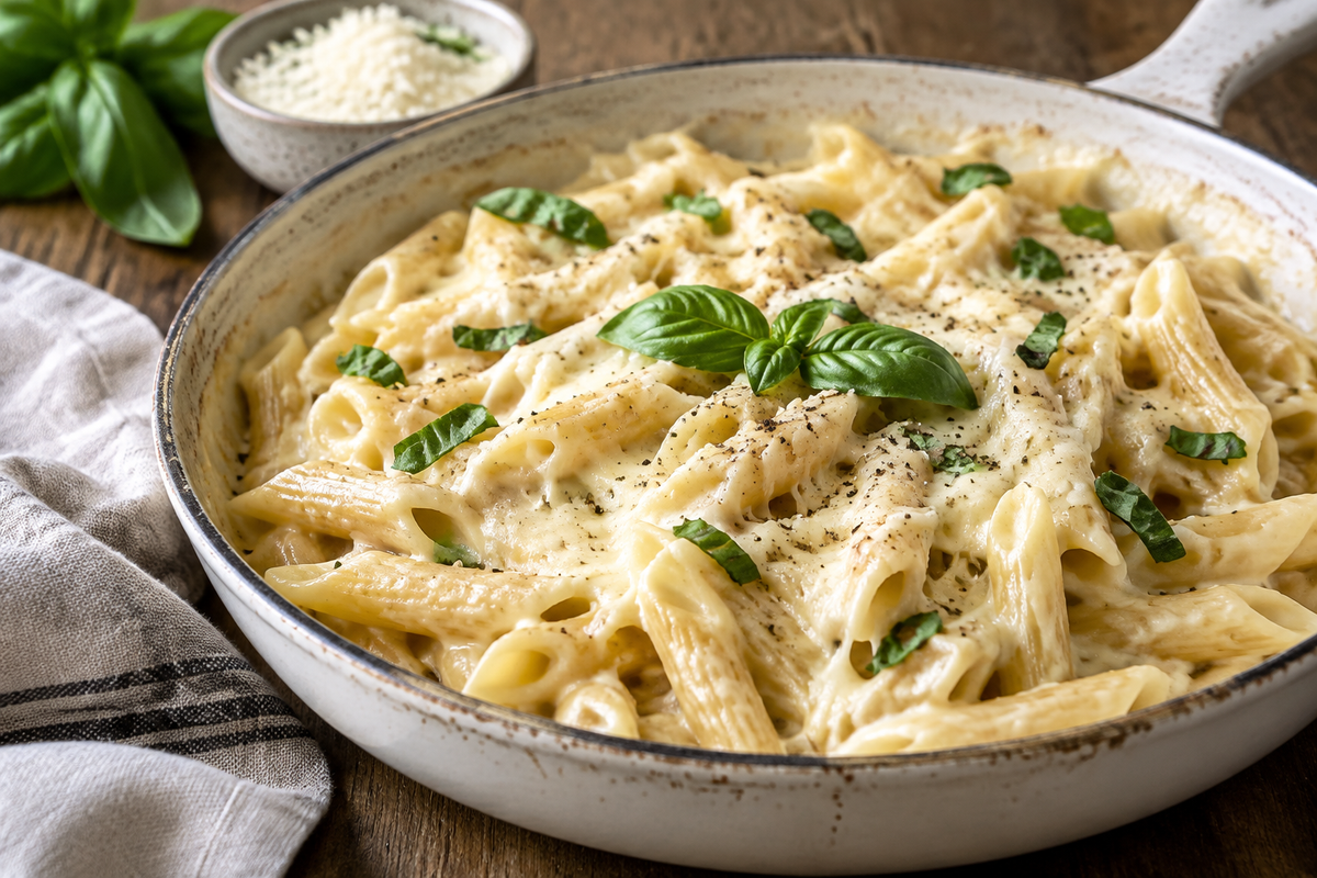 One-pan white cheddar mozzarella pasta garnished with fresh basil and black pepper