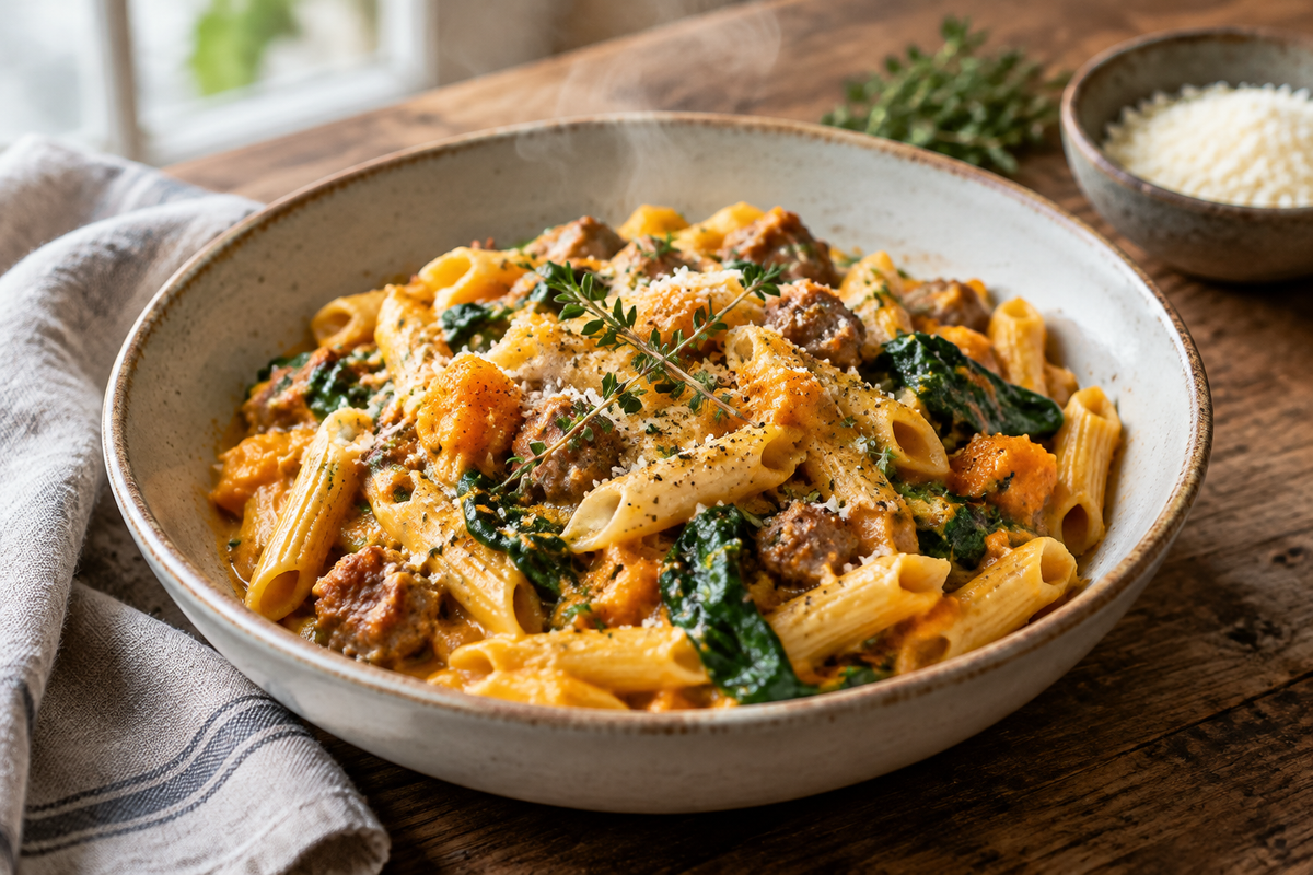 One-pot butternut squash pasta with sausage and spinach in a rustic bowl, garnished with thyme and pepper