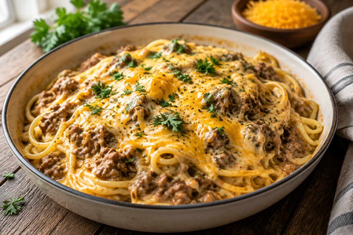 One-pot cheesy beef spaghetti with garlic cheddar cream sauce garnished with parsley