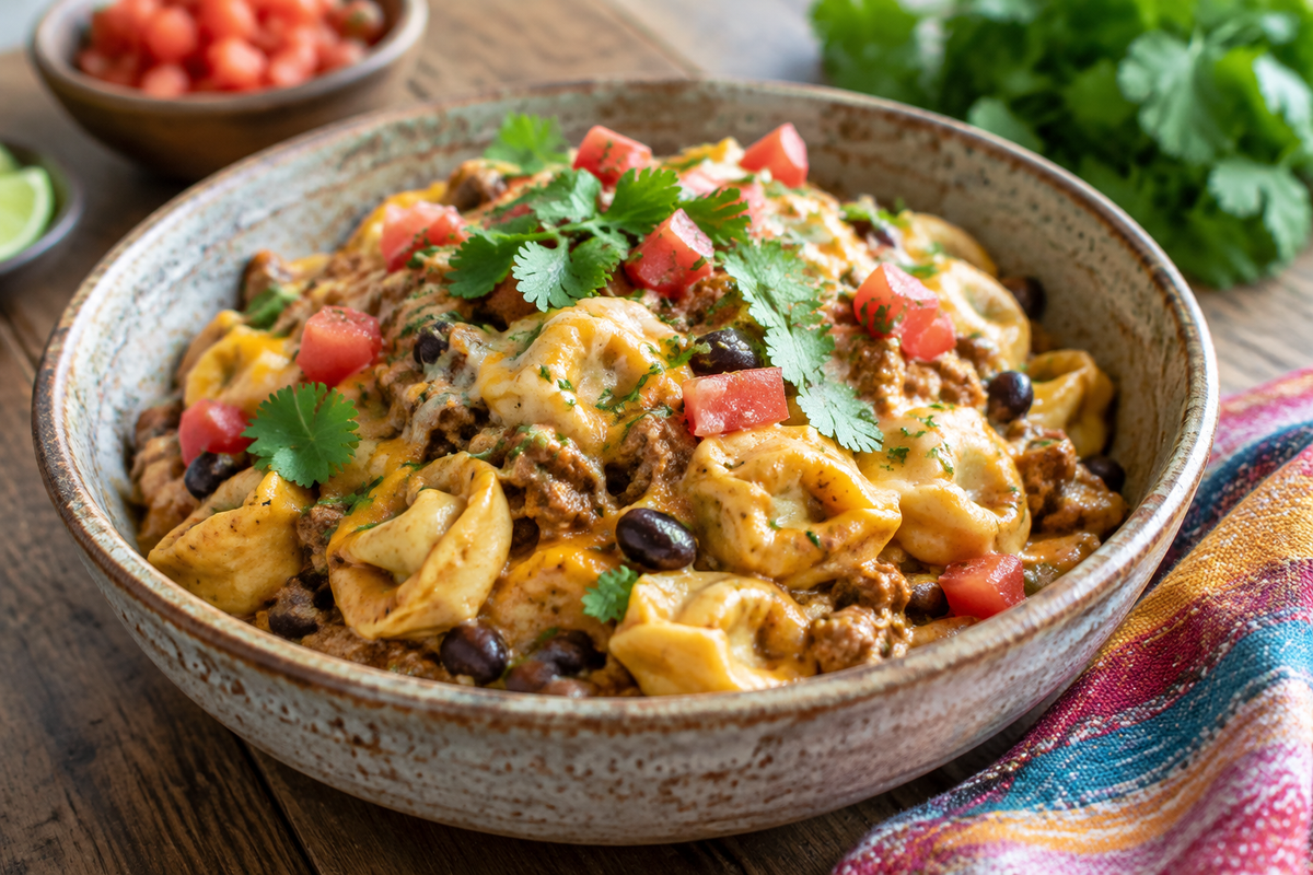One-pot cheesy taco tortellini bowl garnished with cilantro and diced tomatoes, showcasing cheesy taco tortellini