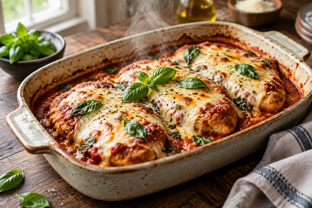 Golden baked chicken parmesan casserole topped with melted cheese and basil, chicken parmesan casserole