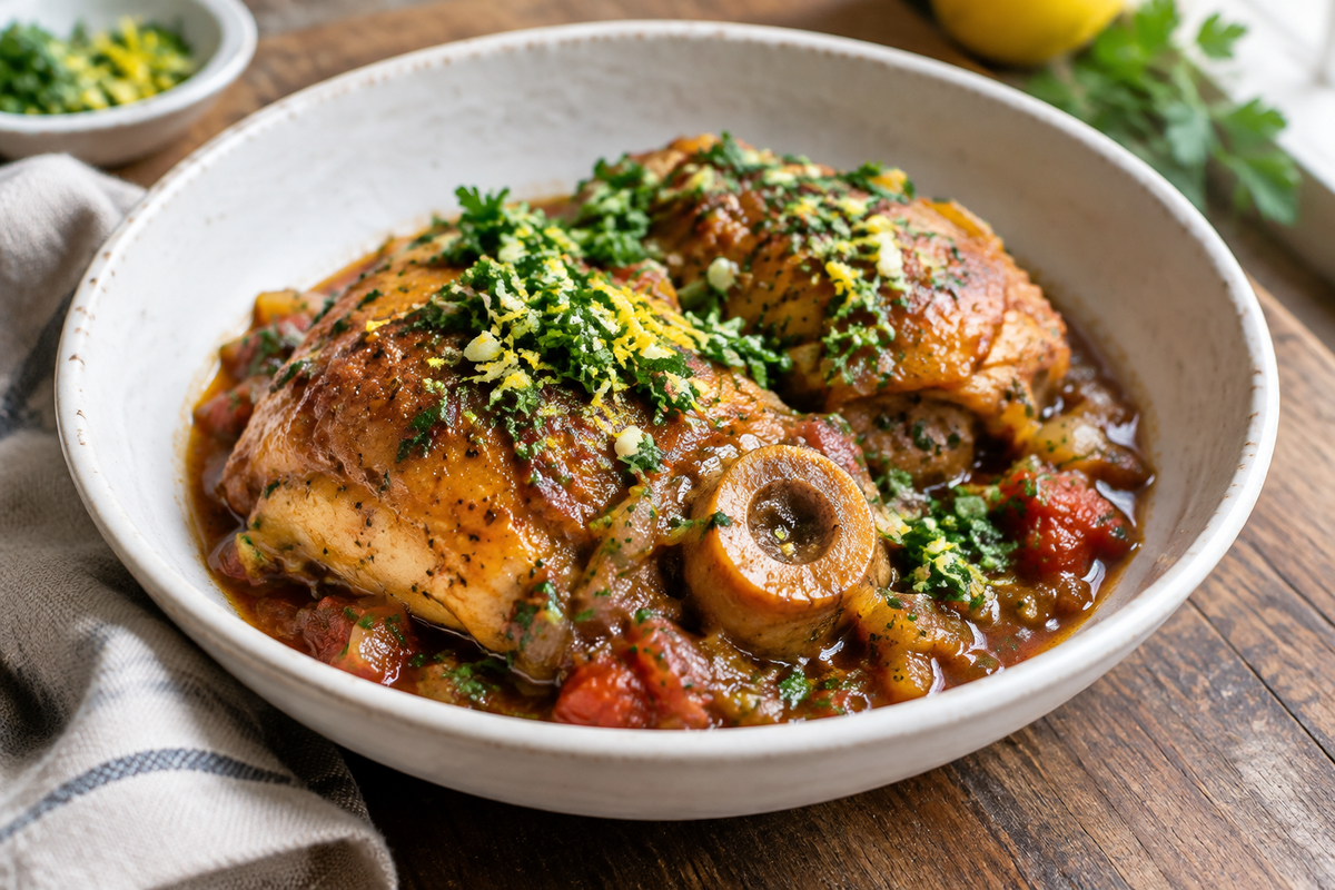 One-pot chicken thigh osso bucco garnished with gremolata in a rustic bowl, showcasing rich sauce and tender meat