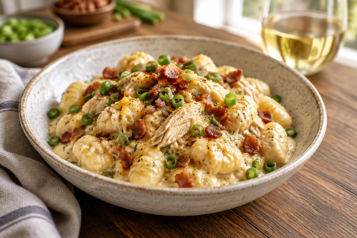 Creamy crack chicken gnocchi served in a bowl garnished with bacon and green onions