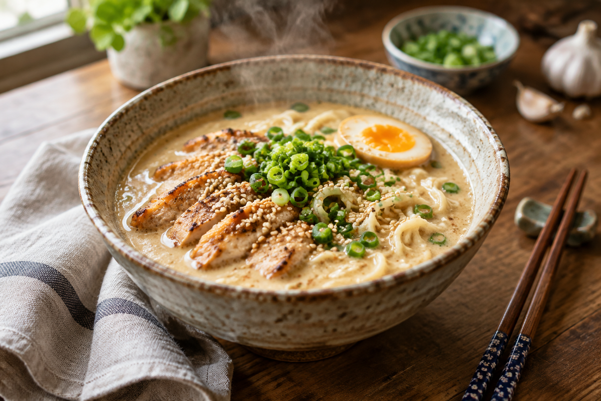 One-pot creamy garlic chicken ramen garnished with green onions and sesame seeds in a rustic bowl
