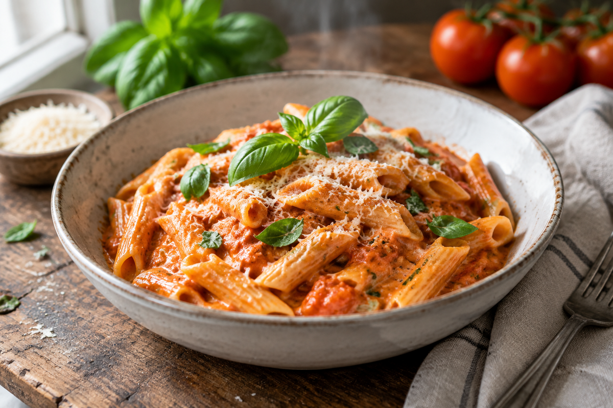 One-pot creamy tomato pasta in a bowl garnished with basil and Parmesan, creamy tomato pasta