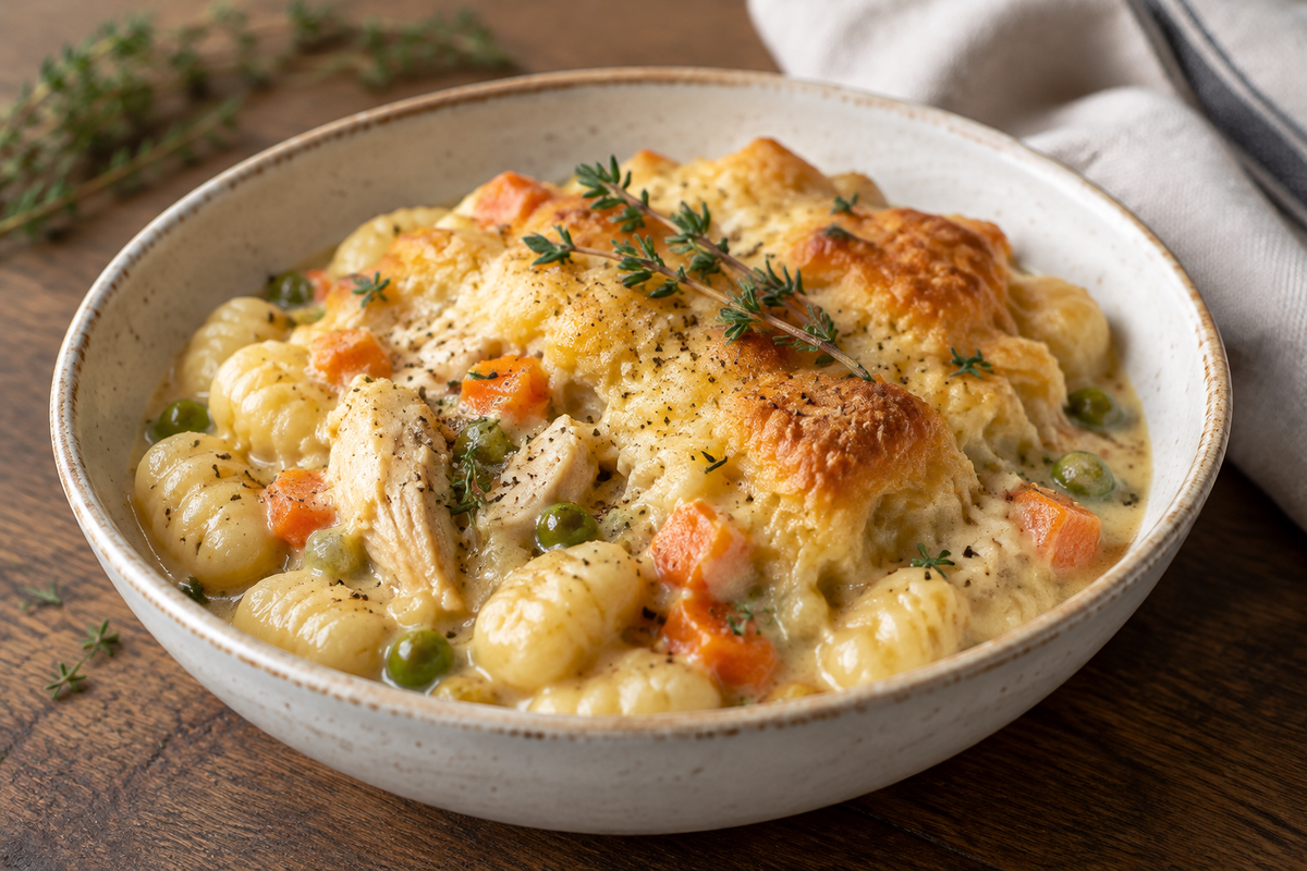 Creamy one pot gnocchi chicken pot pie garnished with fresh thyme and black pepper