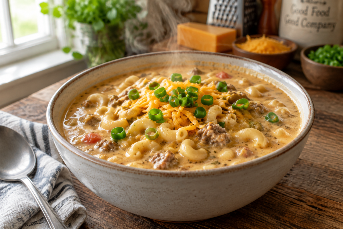 One-pot macaroni cheeseburger soup in a bowl garnished with cheddar and green onions