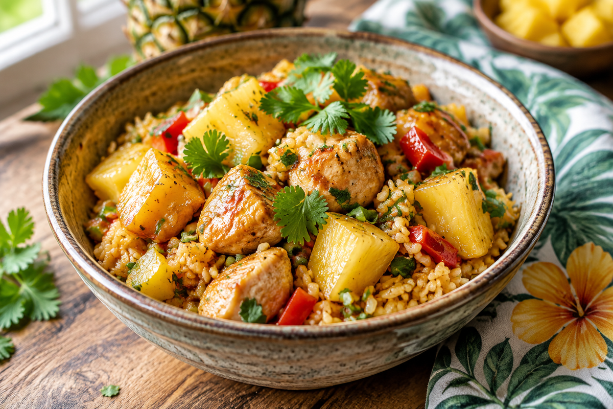 One-pot pineapple chicken rice dish garnished with cilantro and pineapple chunks, showcasing pineapple chicken rice
