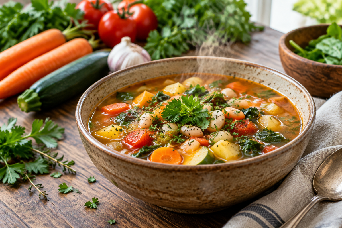 A bowl of colorful one-pot soup garnished with herbs, showcasing the one-pot soup recipe