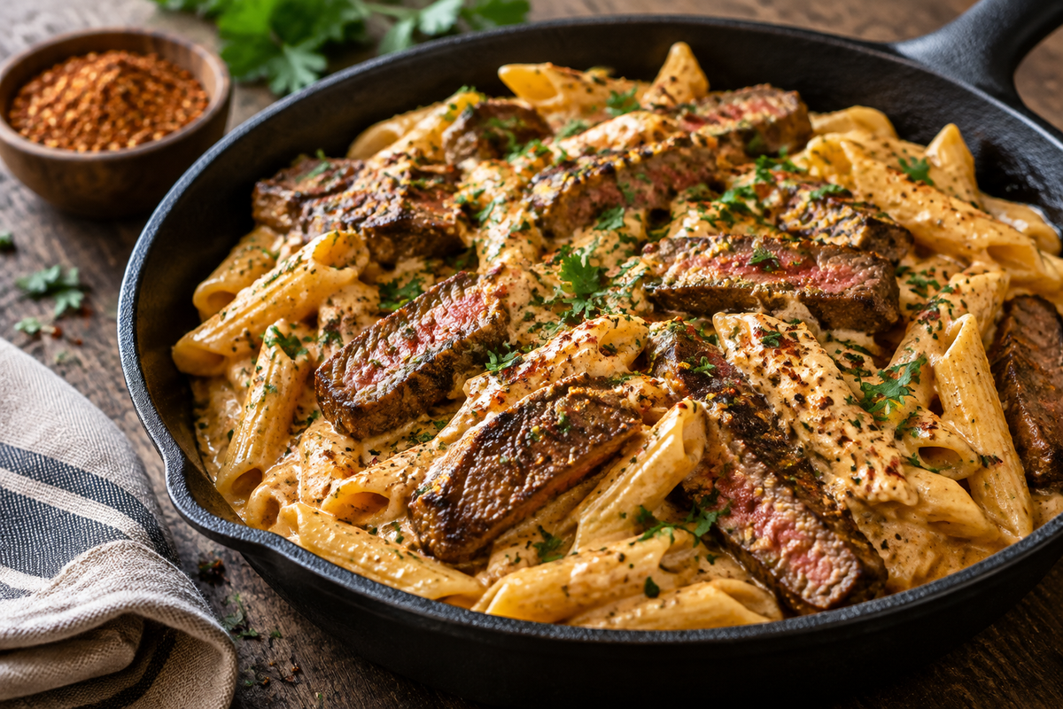 One-skillet creamy spicy Cajun steak pasta garnished with parsley and red pepper flakes