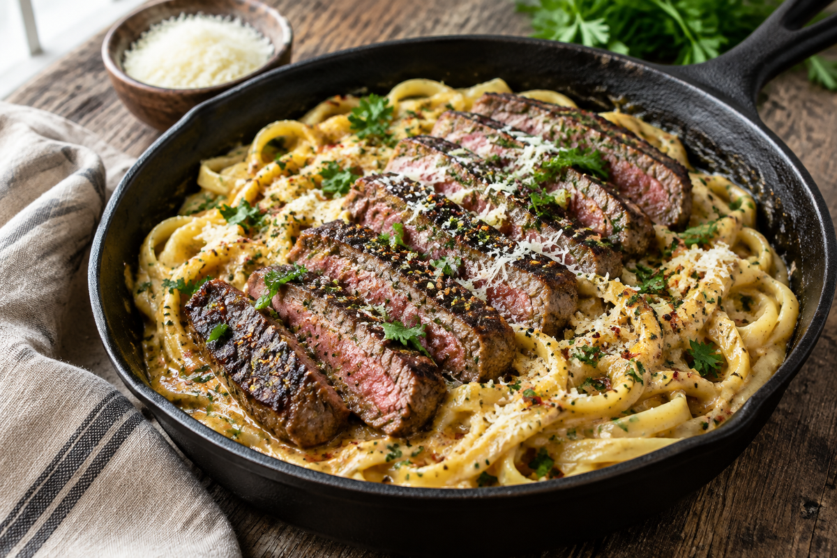One-skillet spicy garlic butter pasta with steak and Parmesan garnish in black skillet