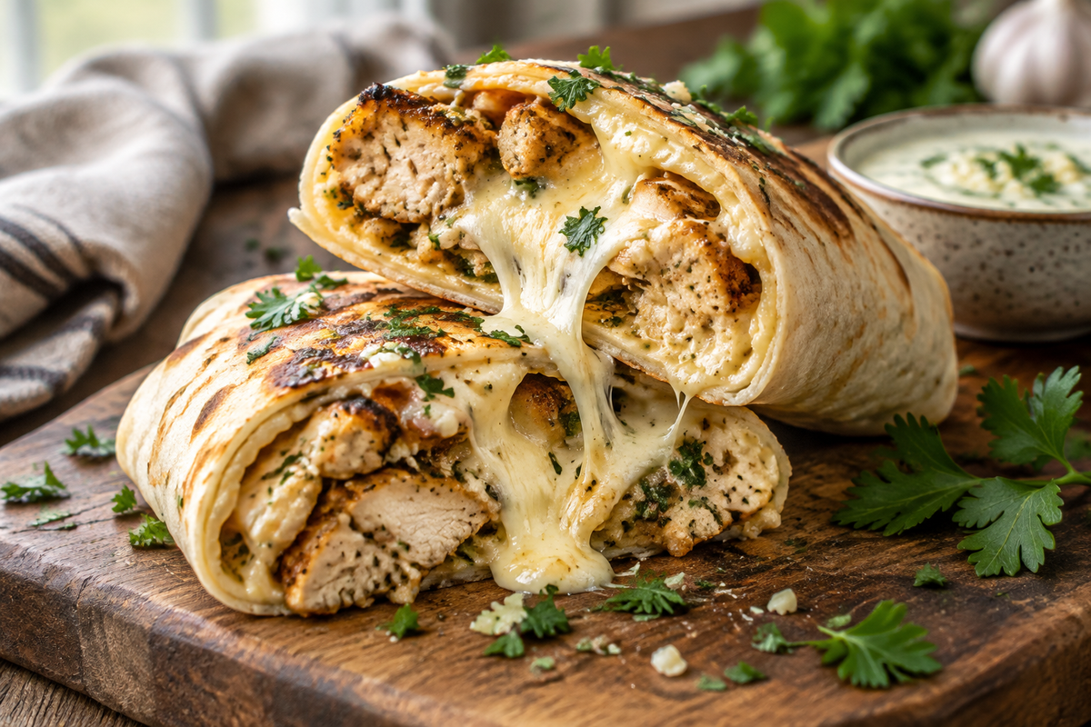 Ooey-gooey cheesy garlic chicken wraps with melted cheese and fresh parsley garnish