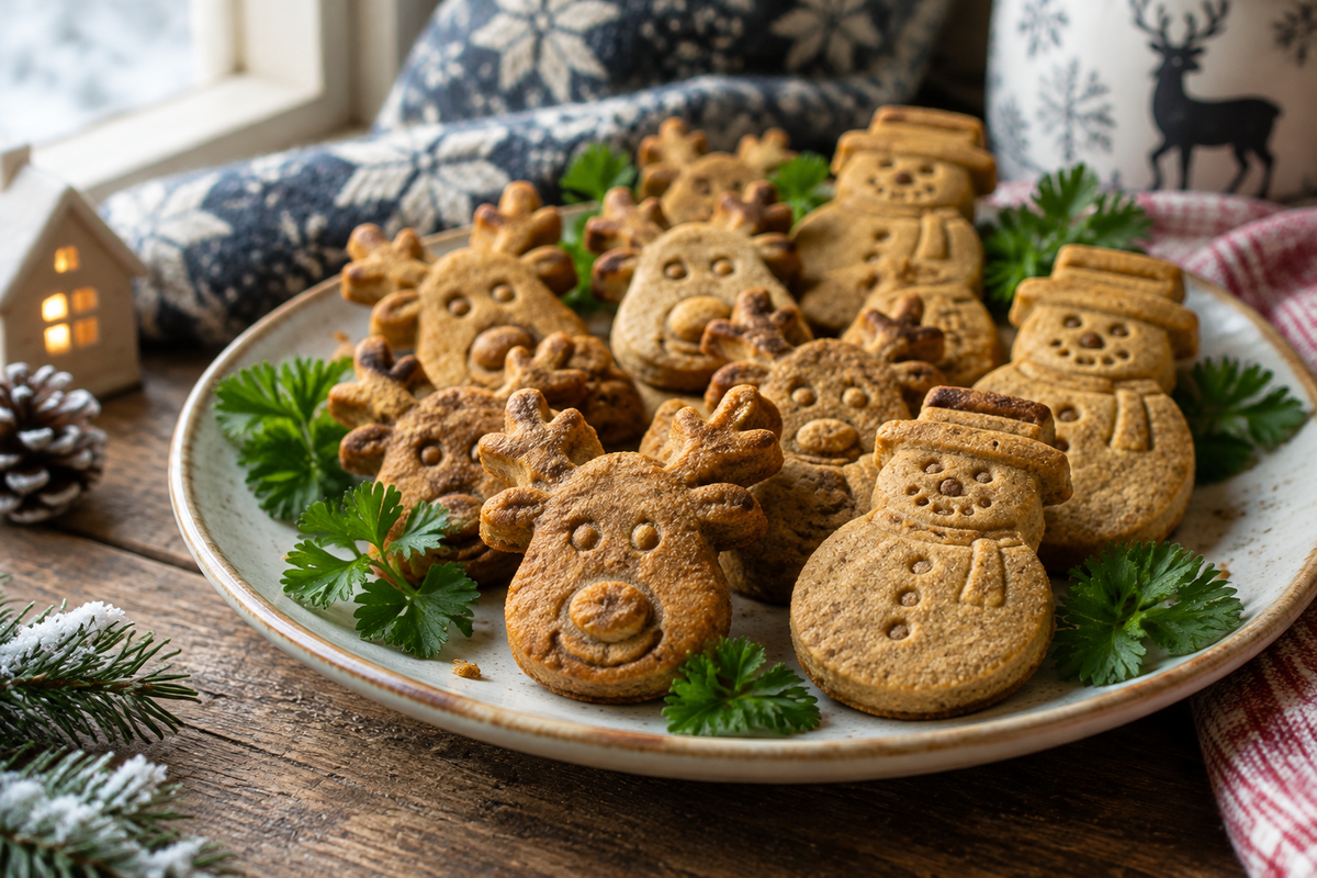 Organic dog cookies shaped like raindeer and snowman on rustic wooden plate, natural soft light, healthy dog treat