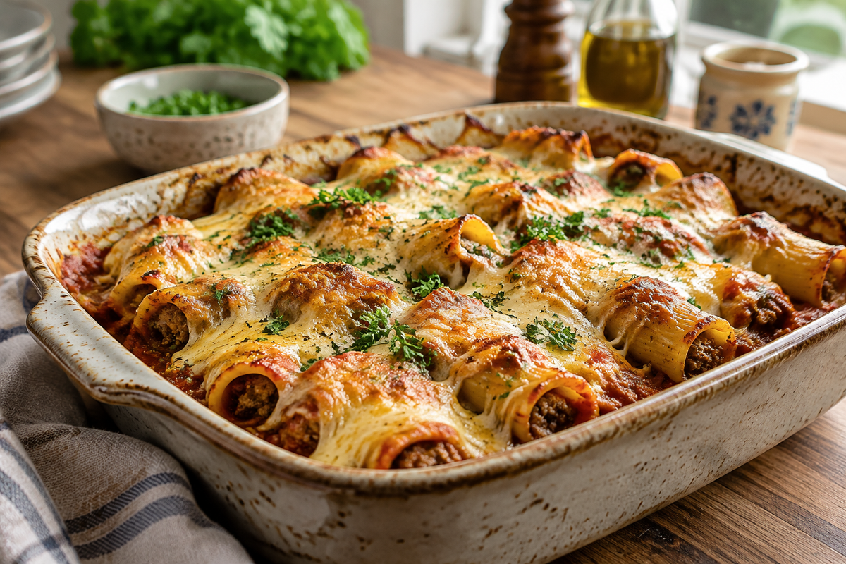 Oven baked shotgun shells recipe with melted cheese and fresh parsley garnish in rustic dish
