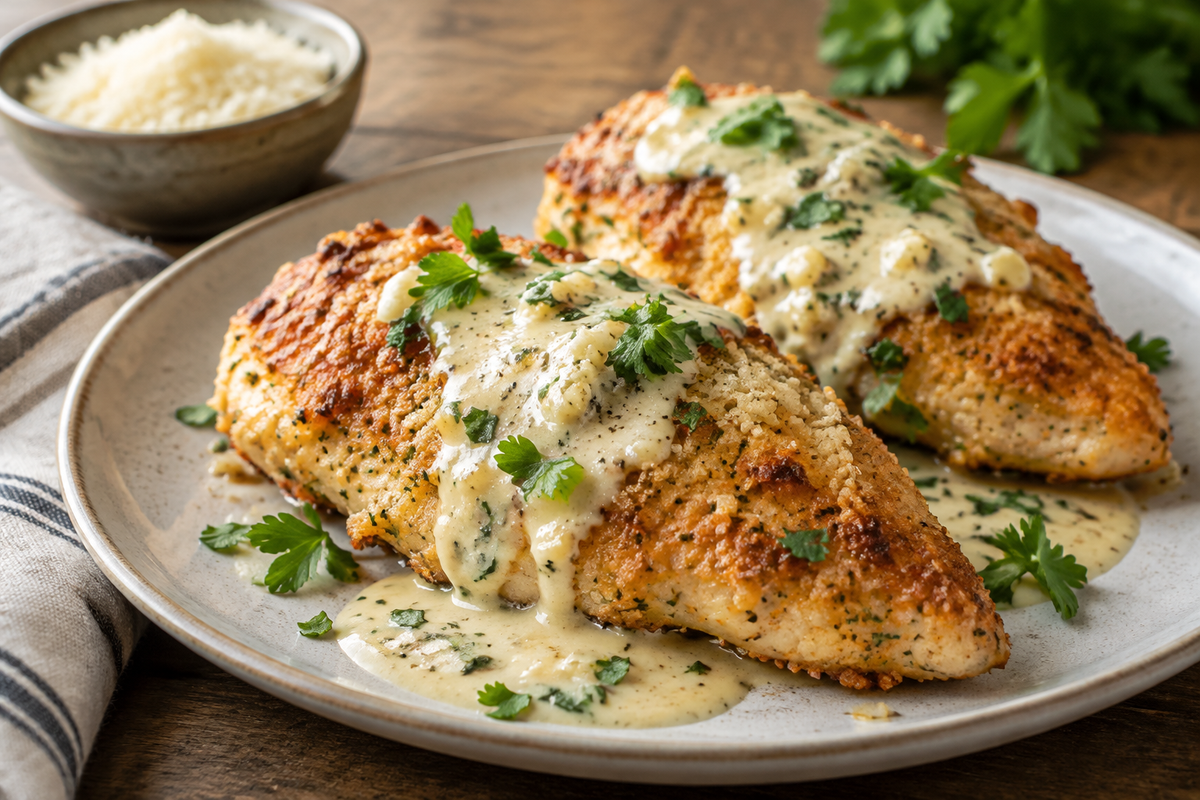 Golden parmesan crusted chicken topped with creamy garlic sauce garnished with parsley, showcasing parmesan crusted chicken