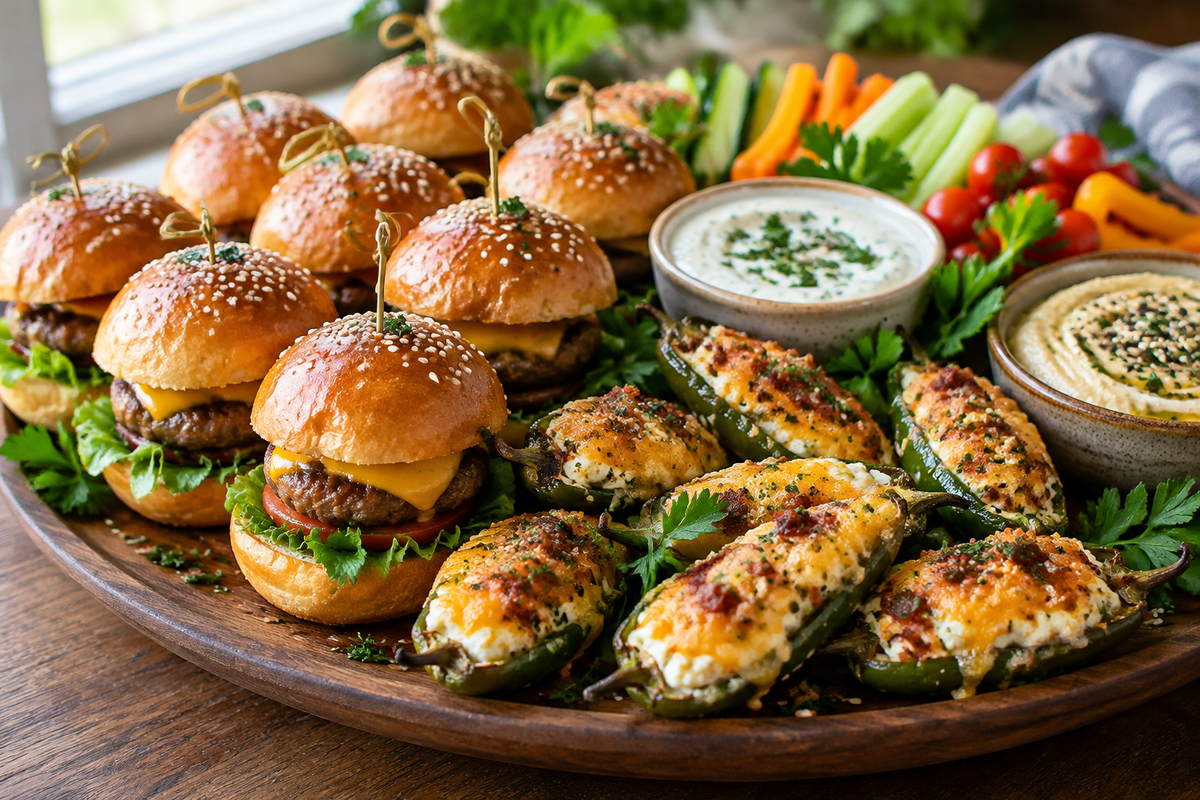 Party snacks platter featuring sliders, jalapeño poppers, and veggie sticks, showcasing popular party snacks