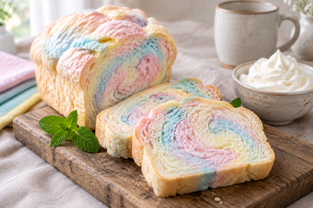 Pastel swirl cloud bread loaf sliced with fluffy texture, perfect cloud bread loaf recipe