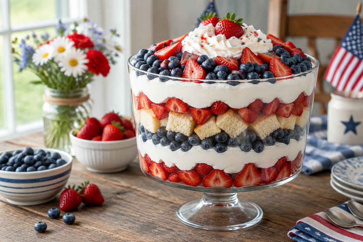 Patriotic trifle dessert with layers of red strawberries, white cream, and blue blueberries in a glass bowl